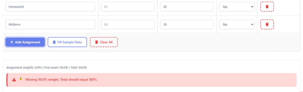  “Adding correct weights for homework, midterm, and final exam in the Canvas Grade Calculator.”