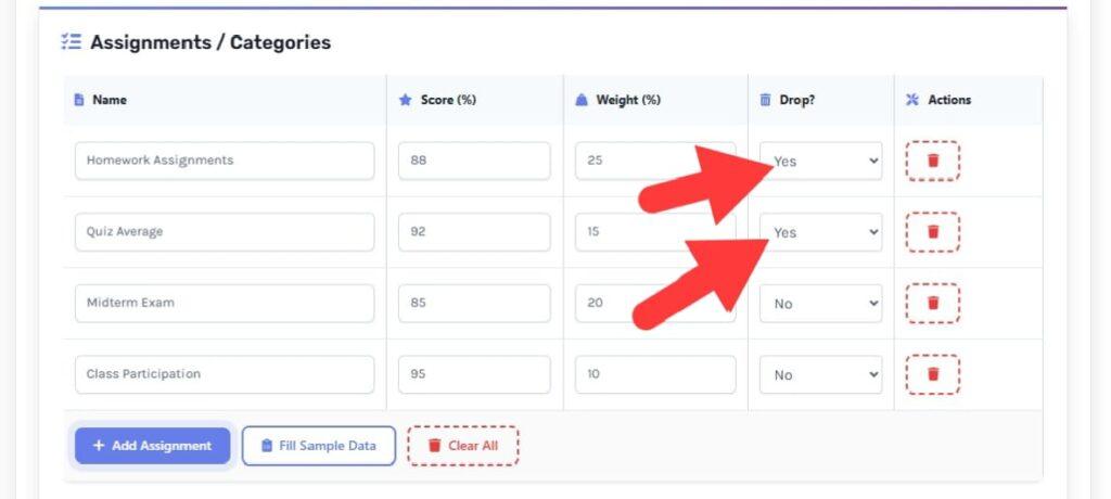 Canvas grade calculator showing assignment scores before applying drop rules.