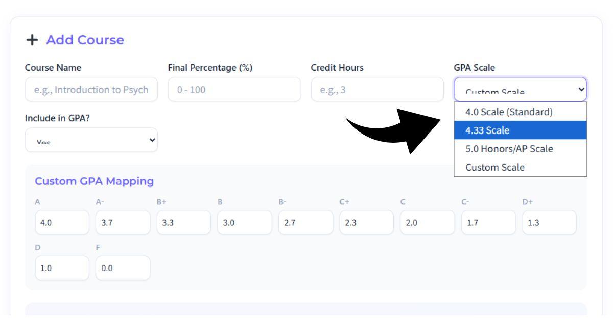 Select GPA scale in Canvas GPA Calculator