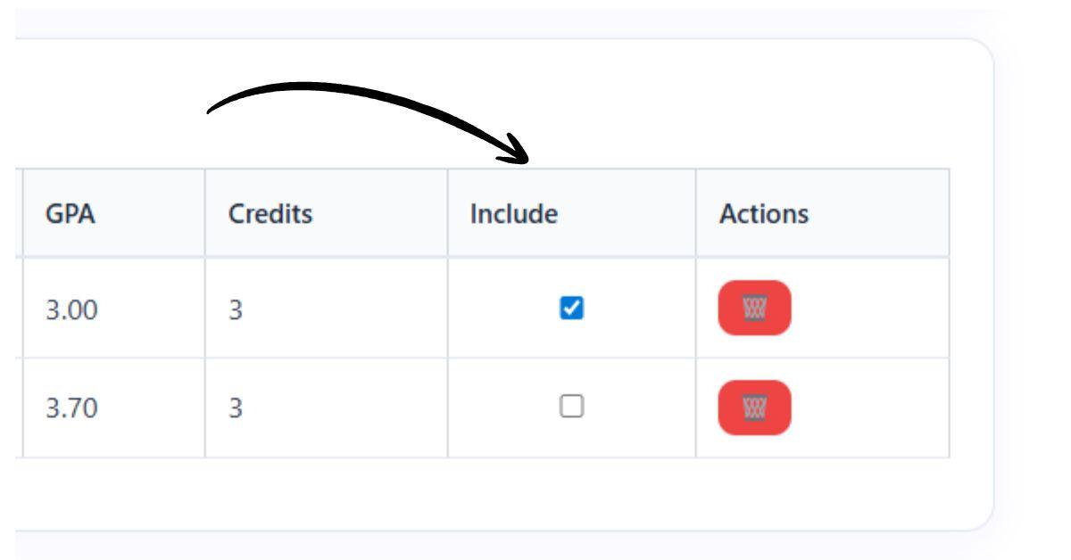 Canvas GPA calculator showing included and excluded courses using checkbox options 