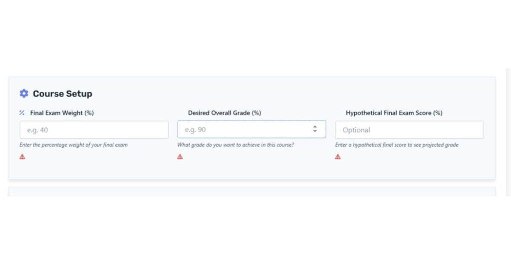 Canvas final exam grade calculator input fields showing current grade, desired grade, and final exam weight settings.