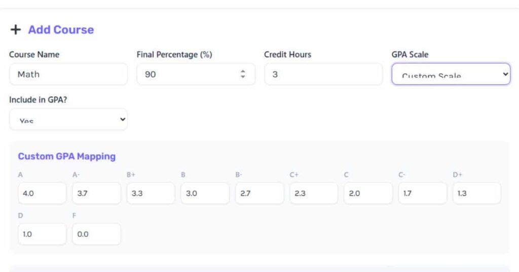 Canvas GPA calculator displaying courses, percentages, credit hours, and cumulative GPA