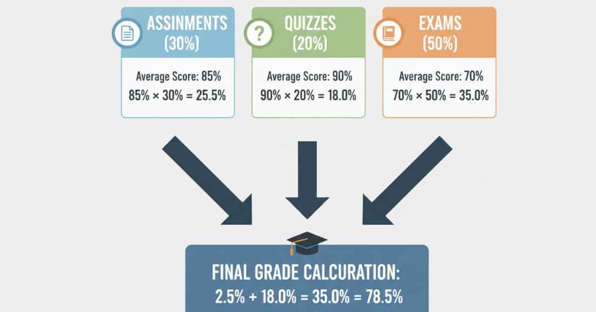 Visual example showing how to calculate a final grade in Canvas using weighted categories.
