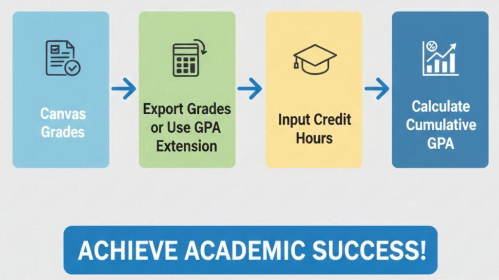 Workflow diagram showing steps to calculate GPA from Canvas using exports or GPA calculator extensions.