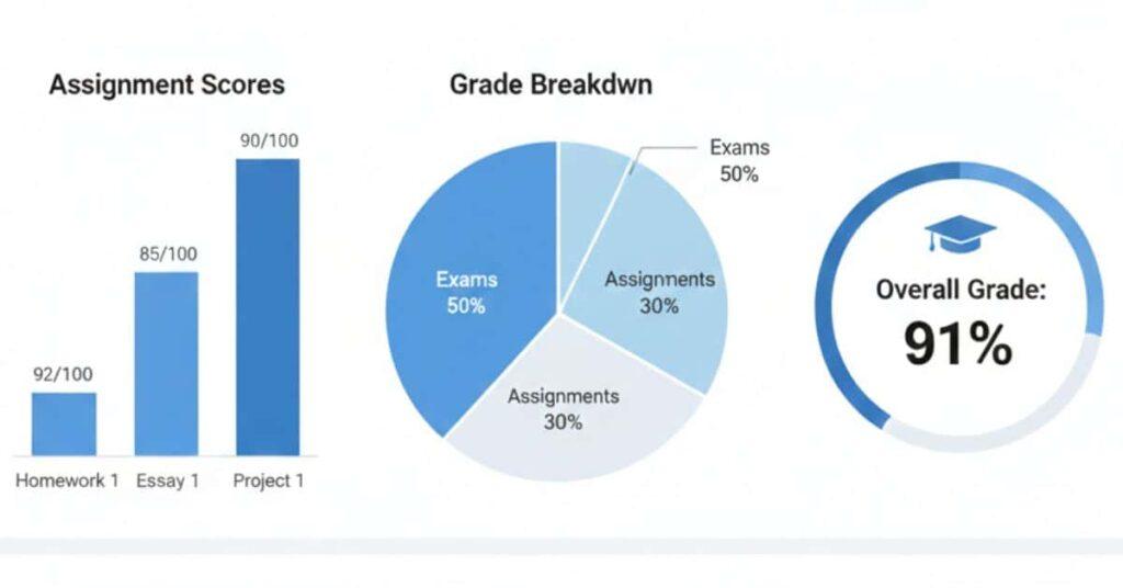 Chart-based visual showing grade distribution and overall percentage for Canvas grade calculation.