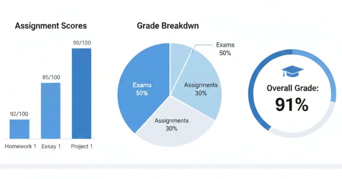 Chart-based visual showing grade distribution and overall percentage for Canvas grade calculation.