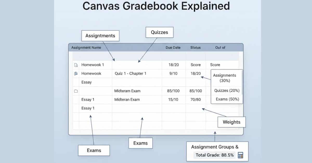 Annotated Canvas gradebook showing assignments, quizzes, exams, weights, and total grade sections.