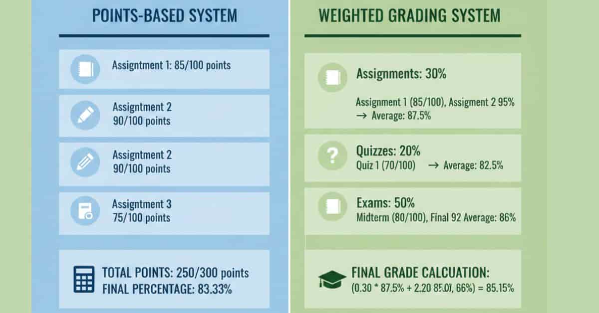 Comparison of points-based grading and weighted grading systems in Canvas showing how final grades are calculated differently.