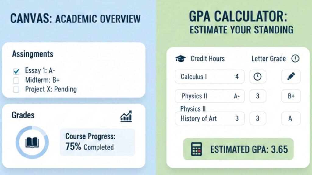 Comparison of Canvas vs GPA calculators showing course grades and GPA planning tools