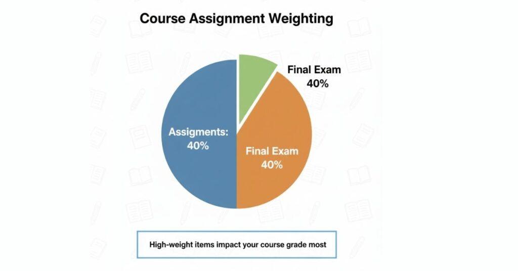 Canvas weighted grades chart showing assignments, quizzes, and final exam impact