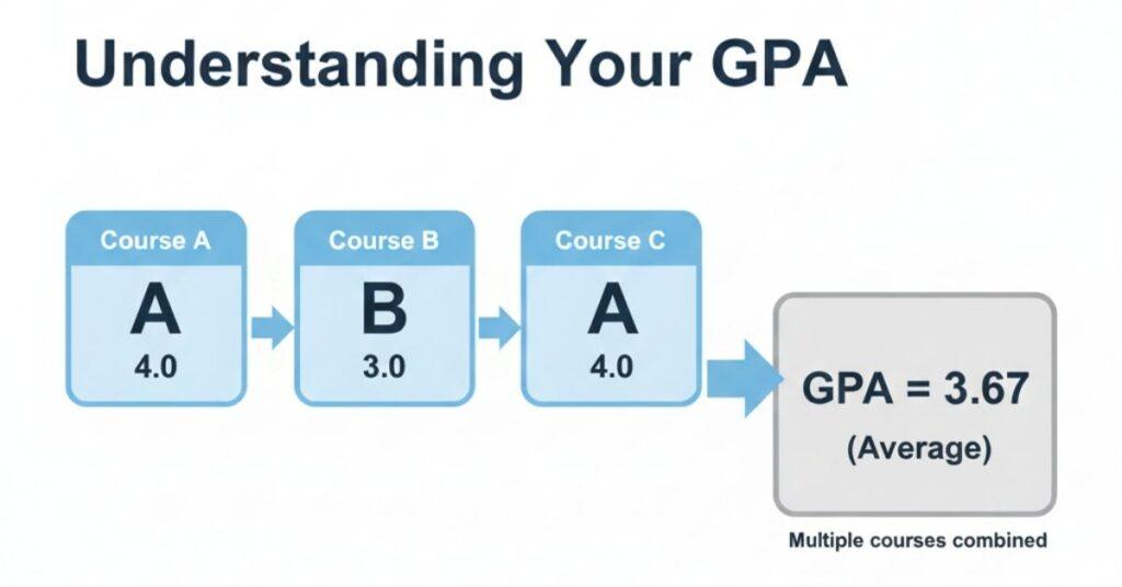 GPA calculation example showing average grade points across multiple courses
