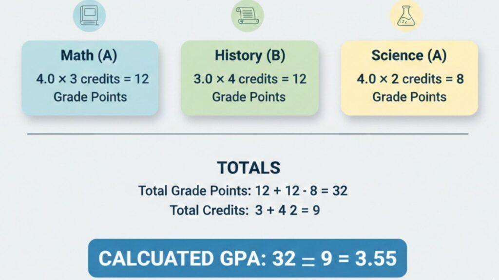 Diagram showing GPA calculation formula with example courses, grade points, credit hours, and total GPA.