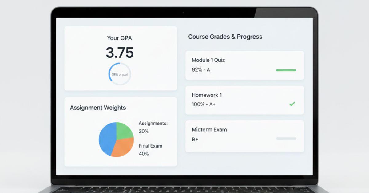Online Canvas grade calculator dashboard displaying GPA and assignment progress