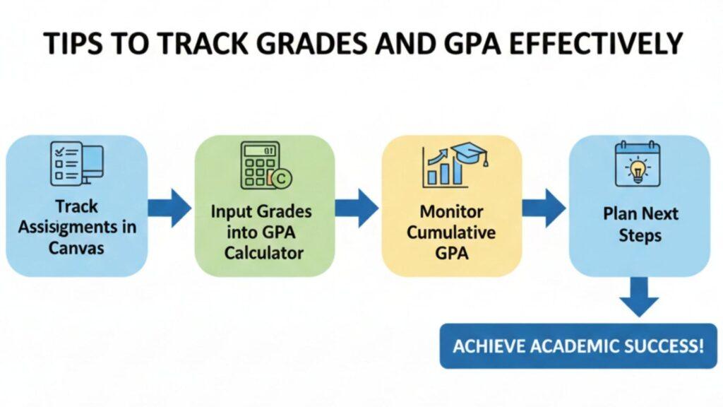 Flowchart showing steps to track grades in Canvas and calculate cumulative GPA using a GPA calculator.