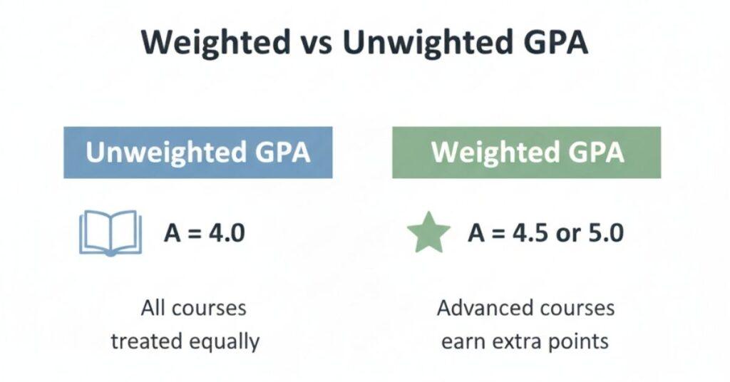 Weighted vs unweighted GPA comparison showing standard and advanced course grading scales