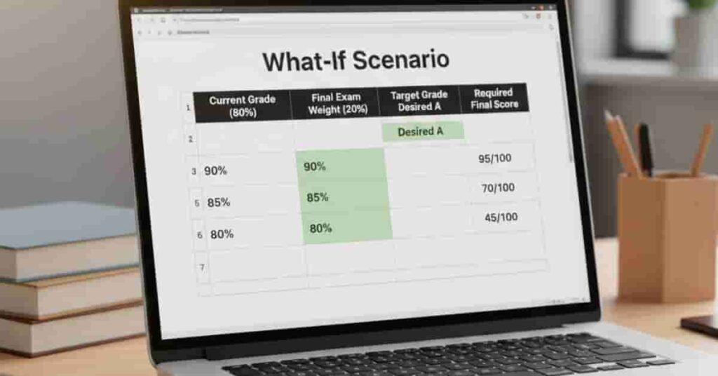 table showing current percentage, final exam weight, and required score to meet target grade