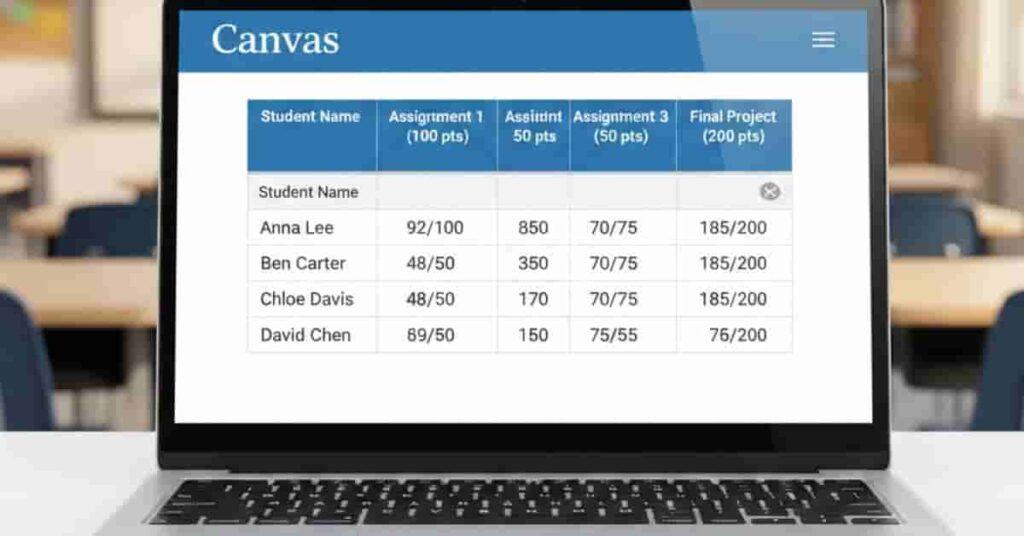 Canvas gradebook showing assignments but no overall percentage column