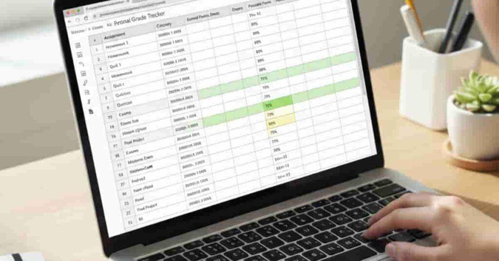 Student-grade tracker spreadsheet with assignments, earned points, total points, and calculated percentages
