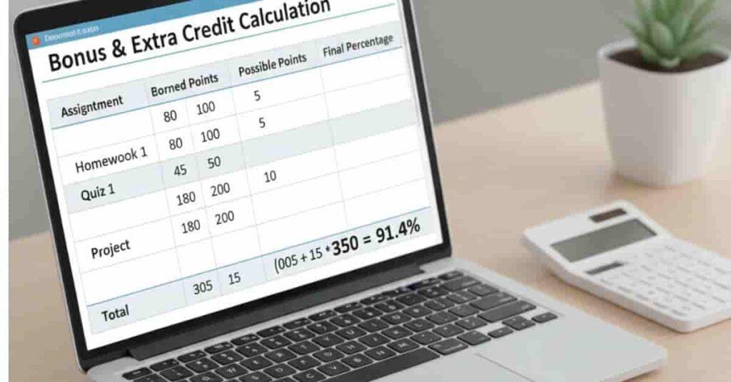 Spreadsheet showing earned points, bonus points, and calculated final percentage