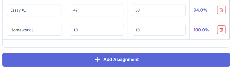 Add Assignment button inside Canvas Point Grade Calculator interface