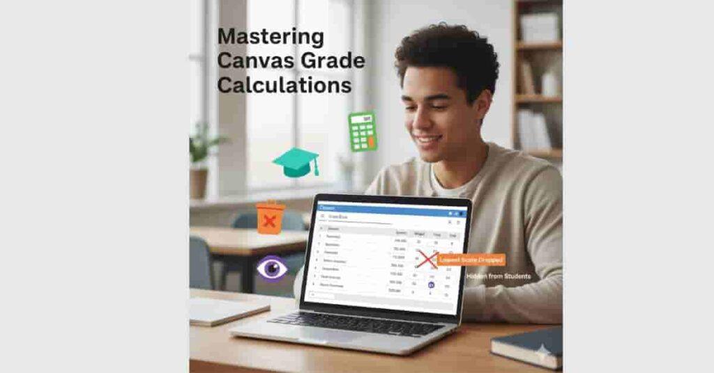 Student checking final, hidden, and dropped grades in Canvas gradebook on a laptop for a blog tutorial