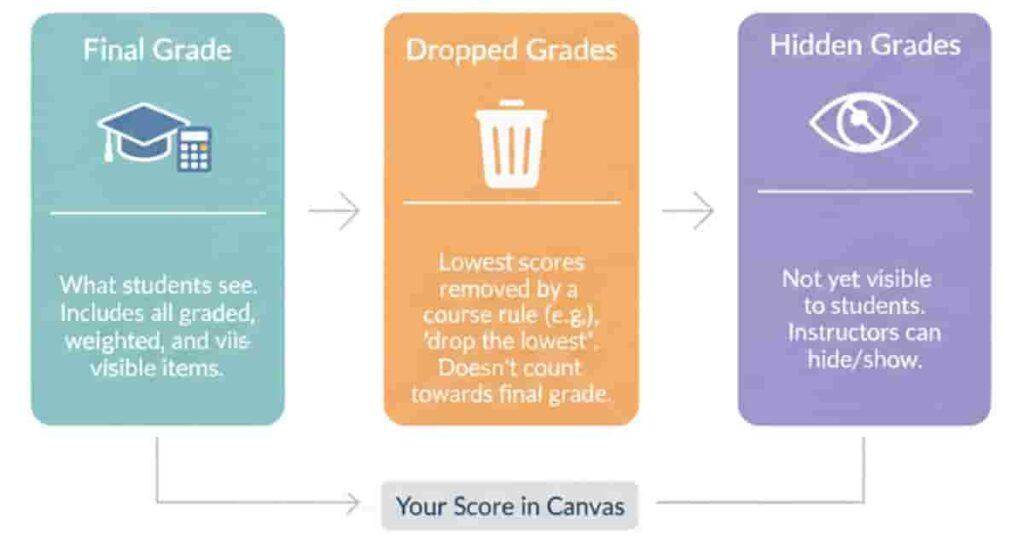 Visual showing final grade, hidden assignments, and dropped scores in Canvas
