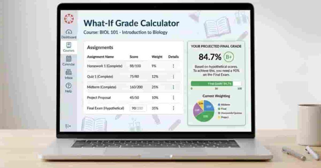 Screenshot-style mockup of Canvas What-If Grade Calculator showing projected grades and assignment breakdown