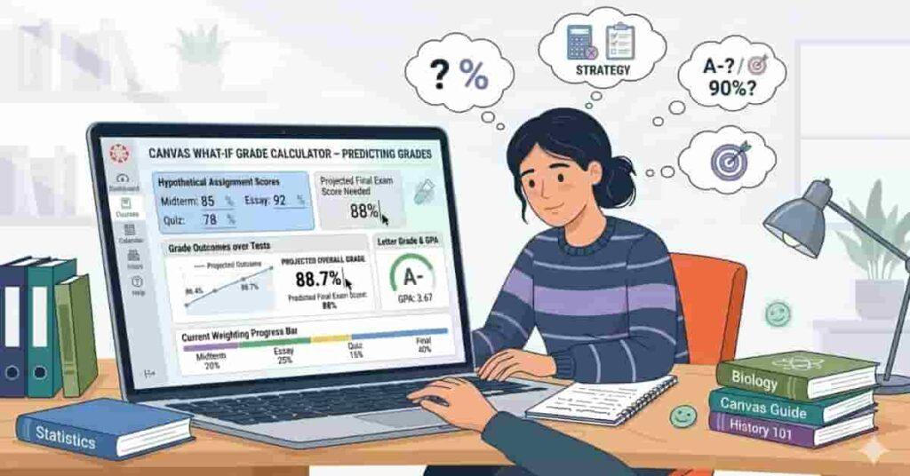 Student using Canvas What-If Grade Calculator to predict final grades with assignments and projected grade dashboard