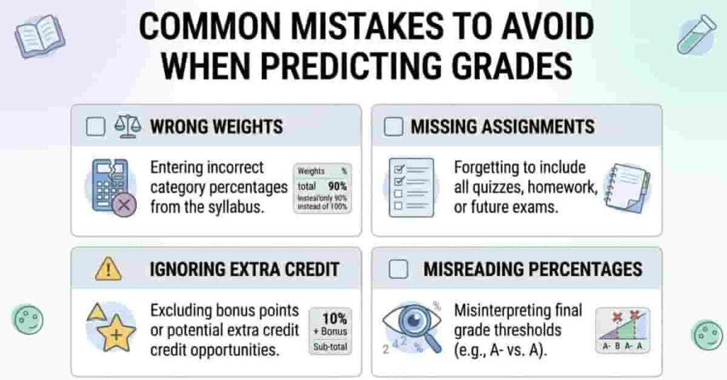 Infographic showing common mistakes students make when predicting grades with a what-if grade calculator