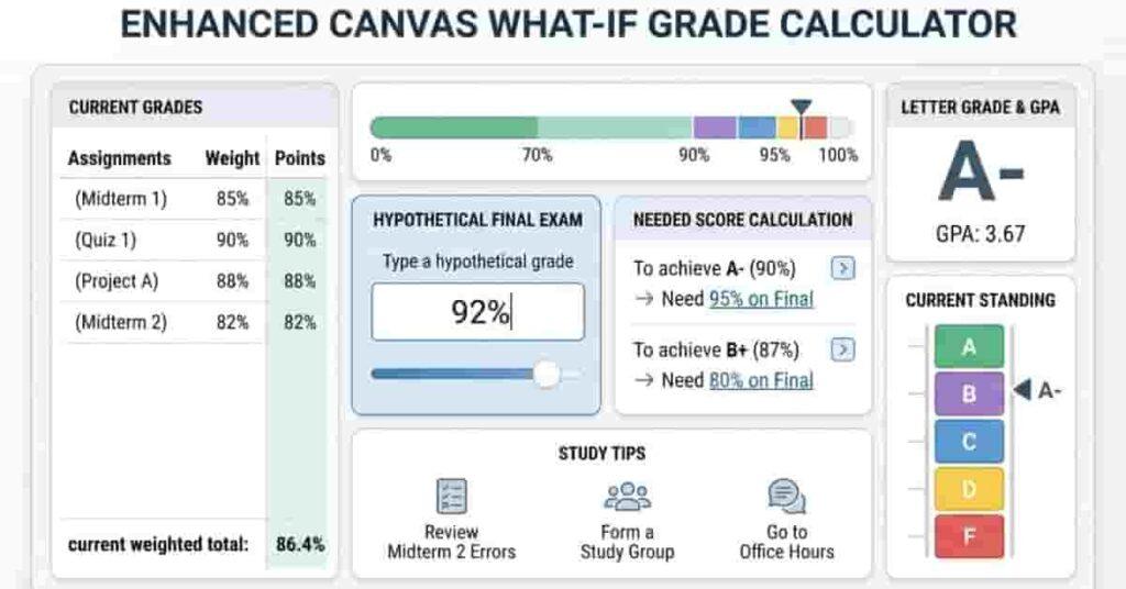 Enhanced Canvas What-If Grade Calculator interface showing projected grades, GPA, and study tips