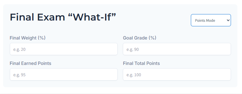 Final Exam What-If prediction inputs for weight, goal, and points in Canvas Point Grade Calculator
