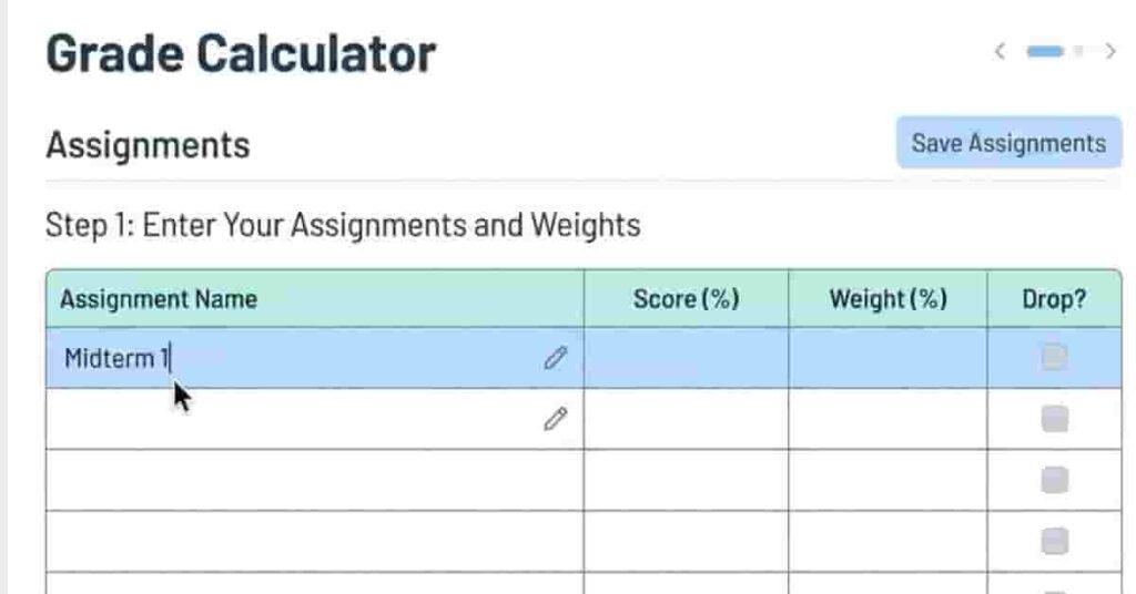 Step 1 interface showing entry of assignment scores and weights in a Canvas what-if grade calculator
