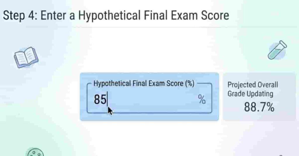 Canvas what-if grade calculator interface showing hypothetical final exam score input and projected grade