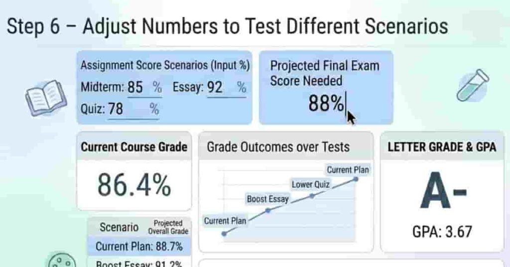 Canvas what-if grade calculator interface allowing testing of multiple scenarios with dynamic grade outcomes