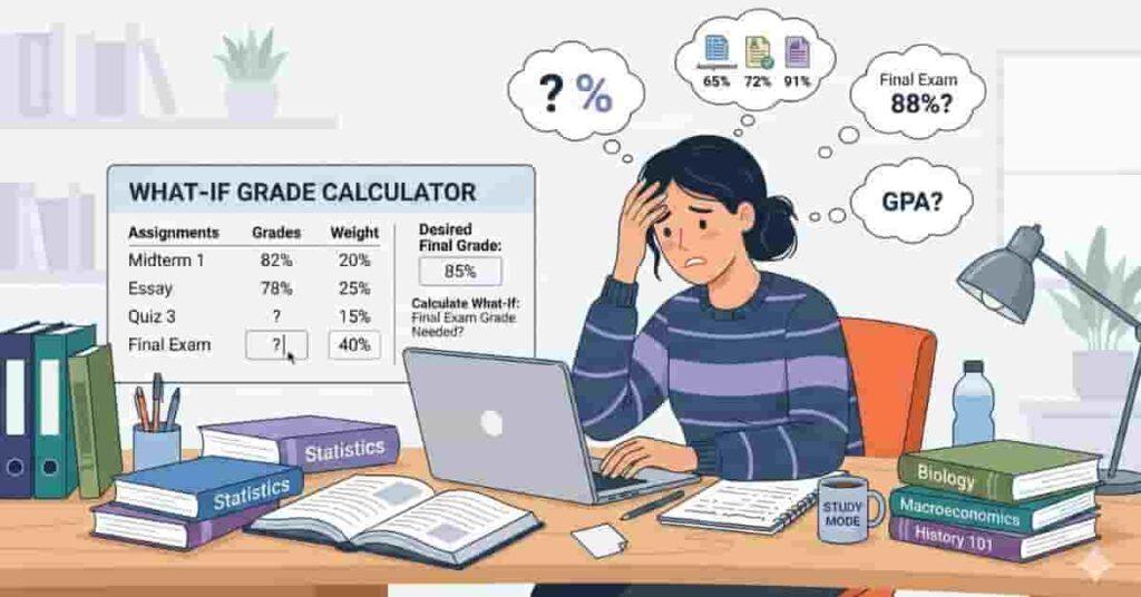 Illustration of a student using a what-if grade calculator to predict academic performance and reduce stress