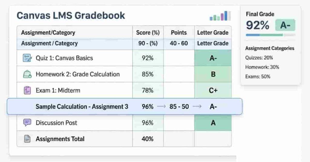 Canvas LMS gradebook showing percentages converted into letter grades for students