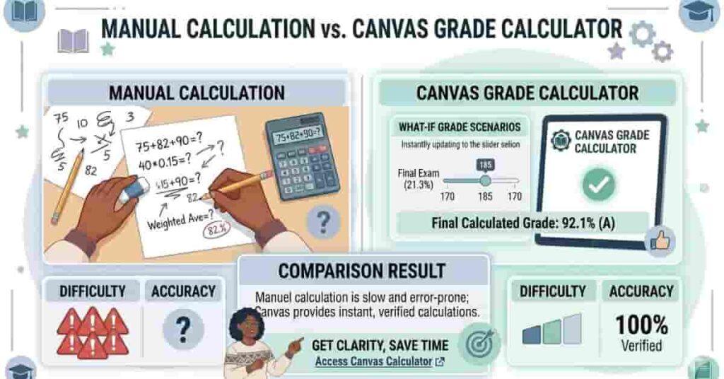 Comparison of Canvas grade calculator versus manual grade calculation showing accuracy and ease