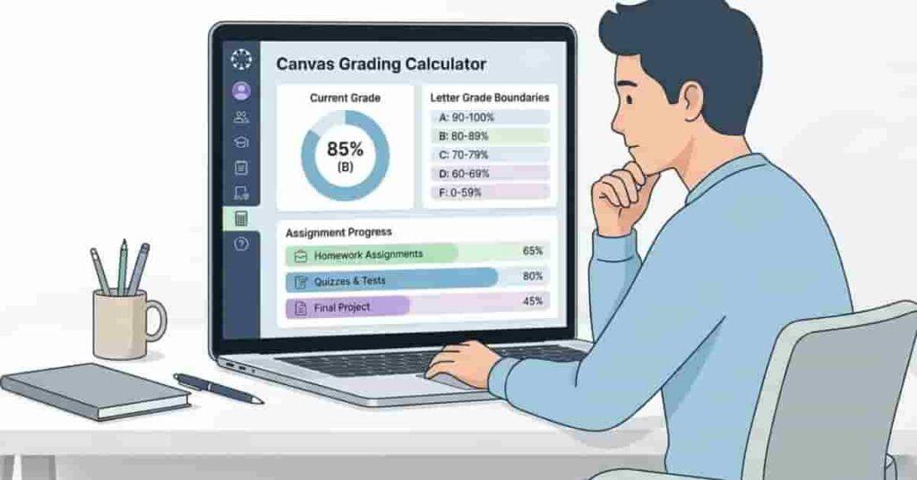 Featured image of Canvas Grading Calculator on a laptop showing assignment scores, letter grade boundaries, and progress chart