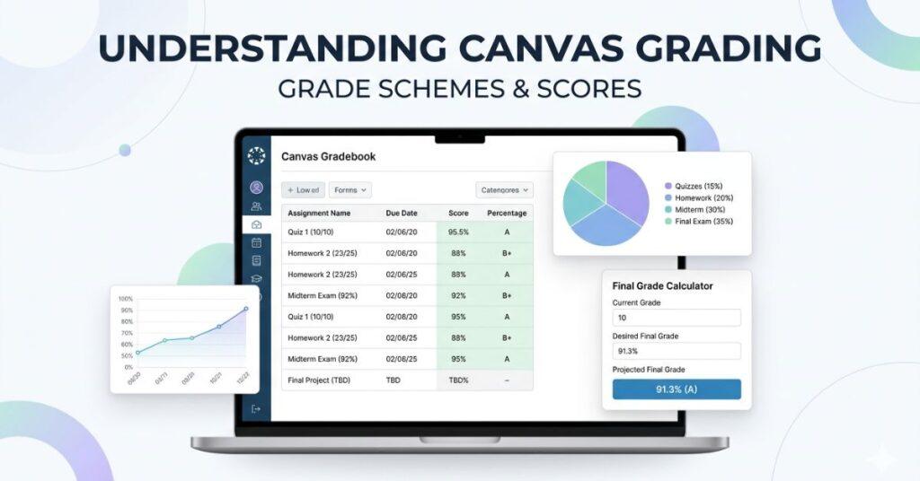 Canvas grading dashboard showing gradebook percentages weighted categories and final grade calculator