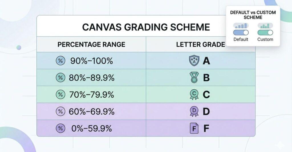 Canvas grading scheme table showing percentage ranges converted to letter grades