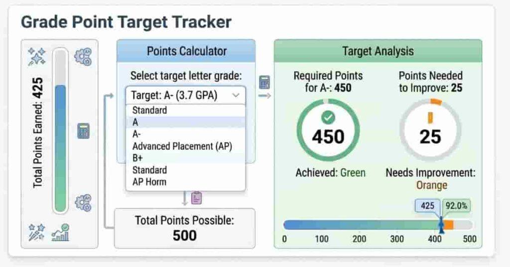Canvas Point Grade Calculator displaying current points, total points, and points required for desired grade