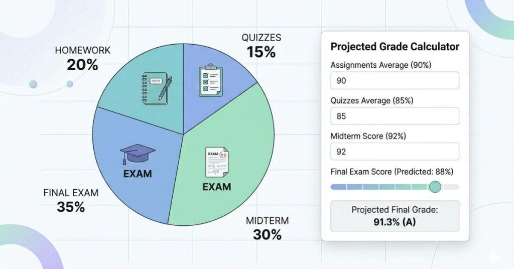 Canvas grade calculation example showing weighted categories and projected final grade