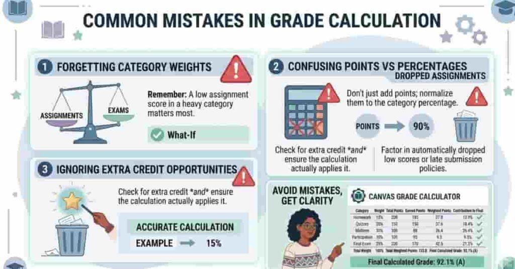 Infographic showing common mistakes students make when calculating grades with a Canvas calculator