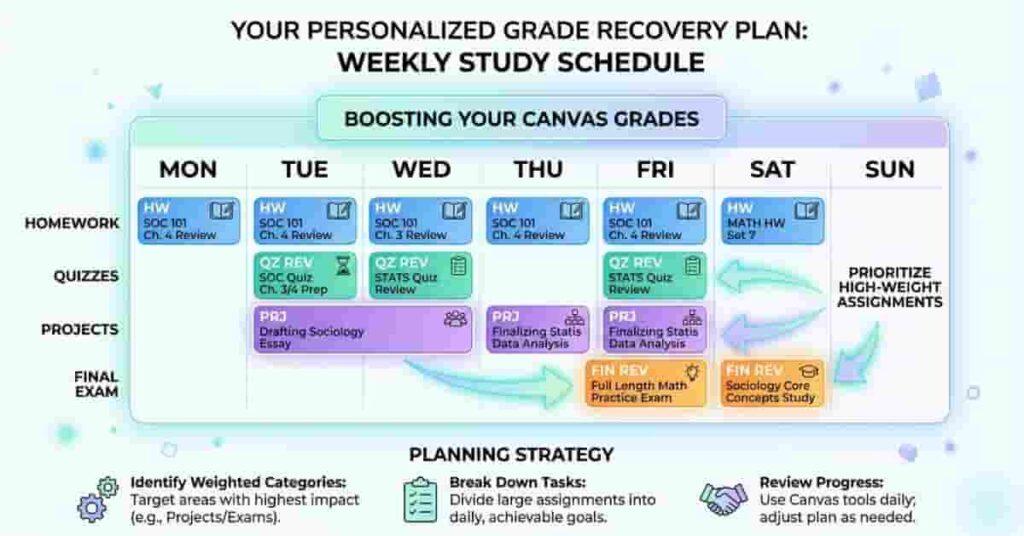 Personalized weekly grade recovery plan showing assignment focus and prioritization