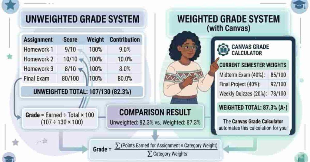 Diagram showing how Canvas calculates grades with weighted and unweighted grading examples