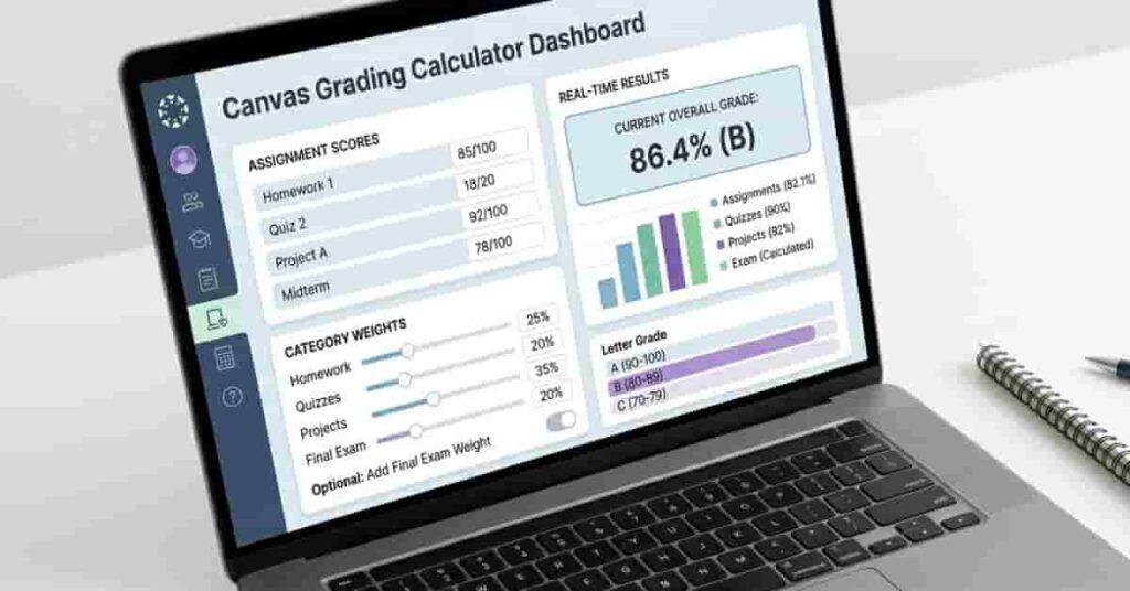 Canvas Grading Calculator interface showing score entry, category weights, and weighted overall grade