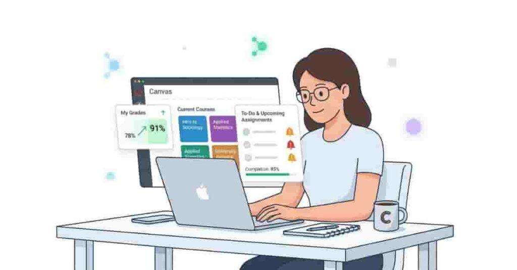 Student reviewing Canvas dashboard to improve grades and track course progress