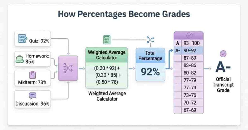 Comparison table showing percentage scores converting to letter grades in Canvas LMS for students