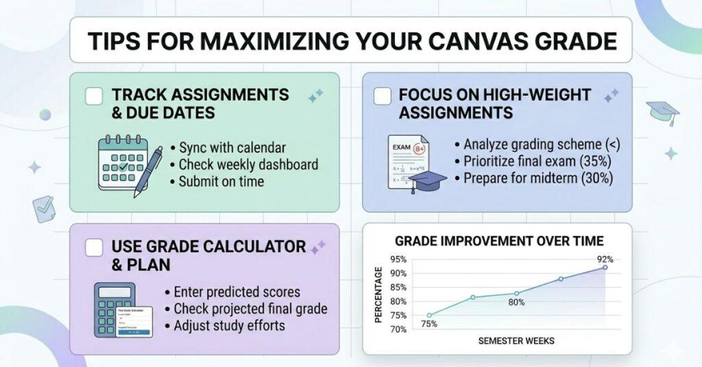 Tips to improve Canvas grade including tracking assignments and focusing on weighted exams