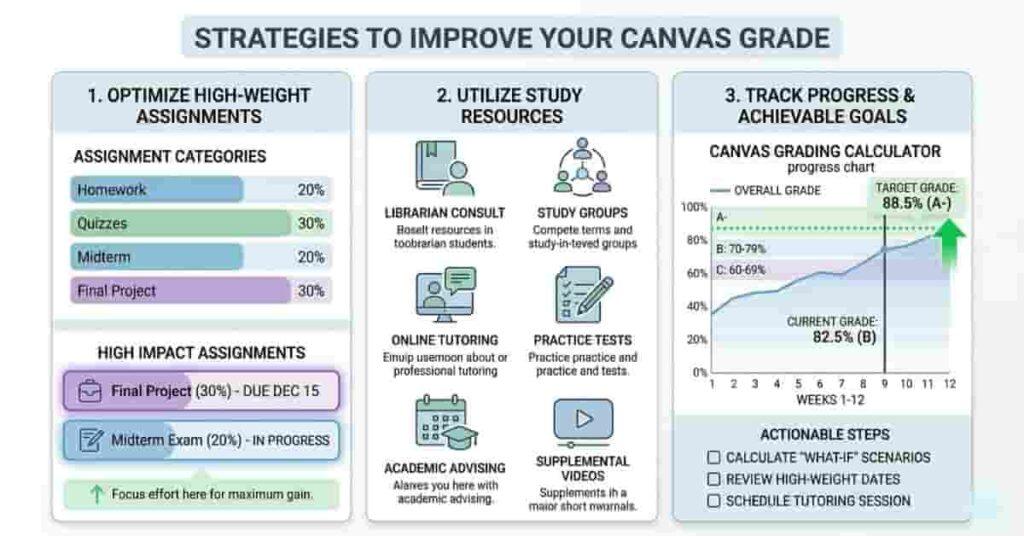 Dashboard-style visual showing tips to improve Canvas grades using high-weight assignments and progress tracking